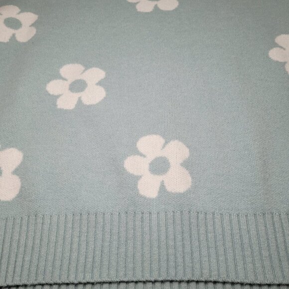 Retro Daisy Floral Print Knit Sweater Crew Neck Teal Blue Girls Boho - Picture 4 of 9